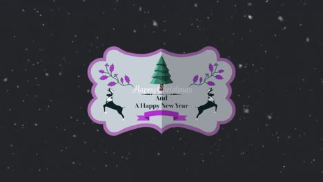 Animation-of-happy-christmas-and-new-year-text,-in-lilac-seasonal-greetings-card,-with-snow-on-black