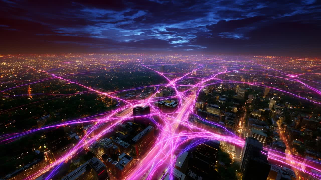 A Stunning Aerial View of a Cityscape Illuminated by Dynamic Pink Light Trails, Showcasing the Hustle and Bustle Below Against a Dusk Sky, Perfectly Capturing Urban Energy and Vibrancy