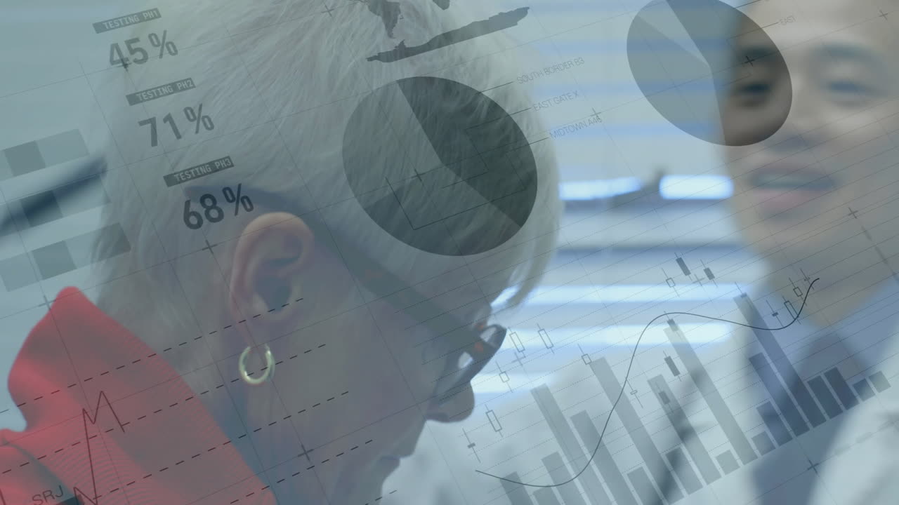 Animation of financial data processing over diverse male doctor and senior female patient