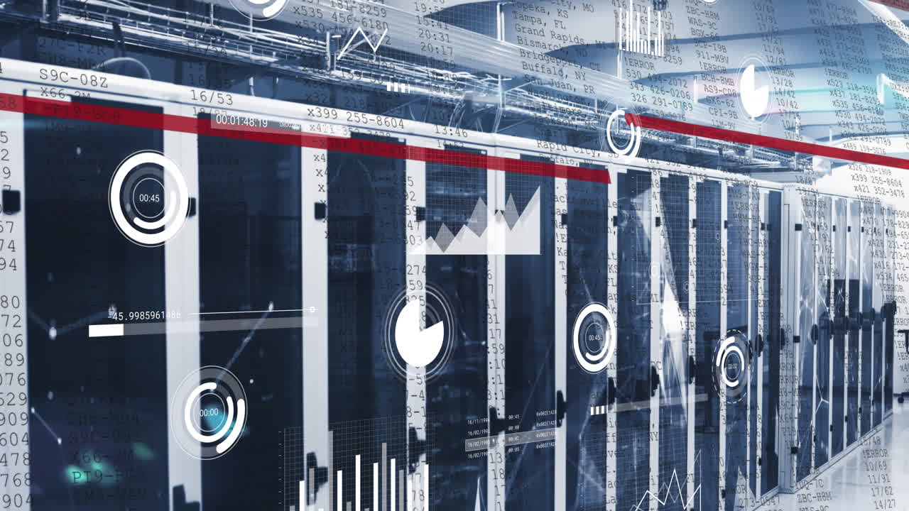 animación de procesamiento de datos y redes plexus contra la sala de servidores de computadoras