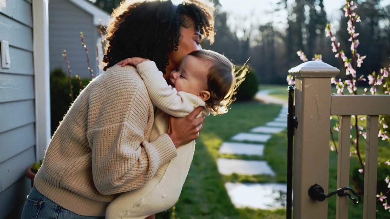 Cradling mother leaning in, kissing and comforting infant at porch, knit sweater, gatepost