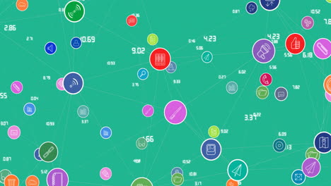 Animation-of-network-of-connections-with-icons-on-green-background