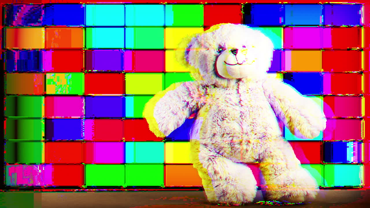 다채로운 픽셀화 된 배경 에 있는 테디 베어