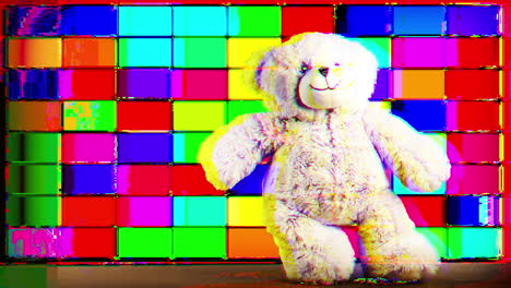 a teddy bear in a colorful pixelated background