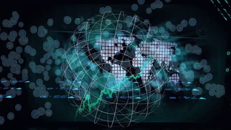 animation of data processing with network of connections over world map and globe