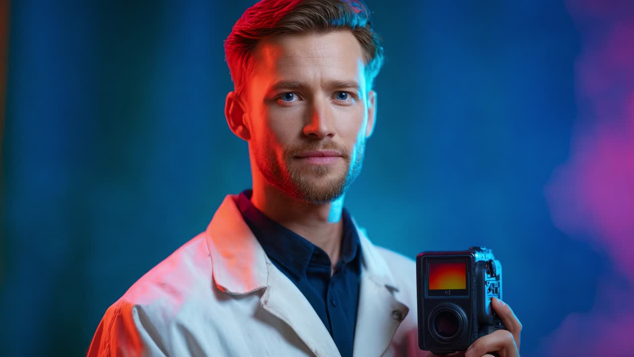 Professional photographer in a vibrant studio setting, showcasing creativity and skill with a vintage camera, embodying passion for capturing moments and telling visual stories through photography techniques