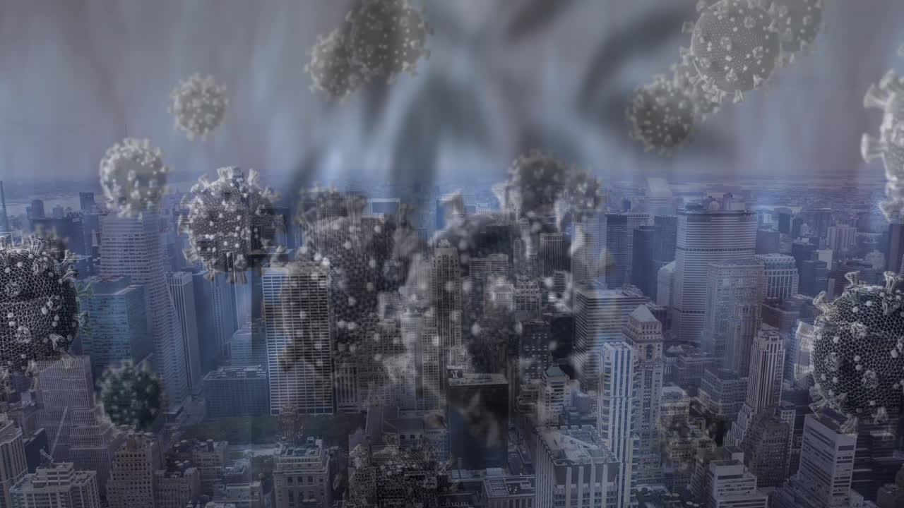 Animation of virus particles floating over cityscape, showing pandemic impact