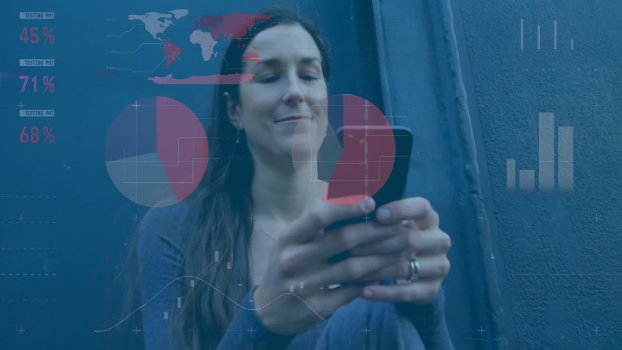 animación del procesamiento de datos financieros sobre una mujer caucásica que usa un teléfono inteligente