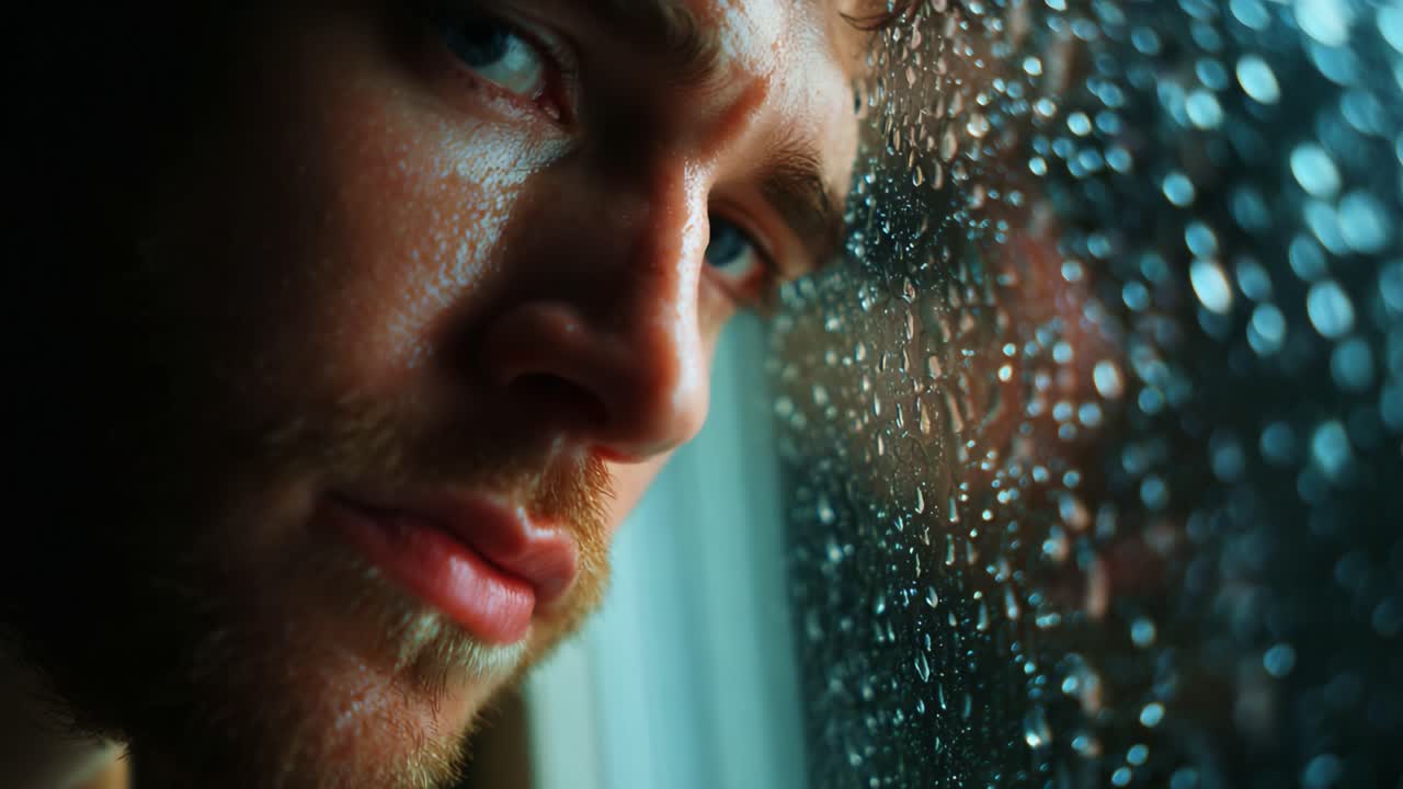 A contemplative gaze through a rain-speckled window, capturing the essence of introspection and emotion as the individual reflects on their thoughts amidst the soft pitter-patter of falling droplets
