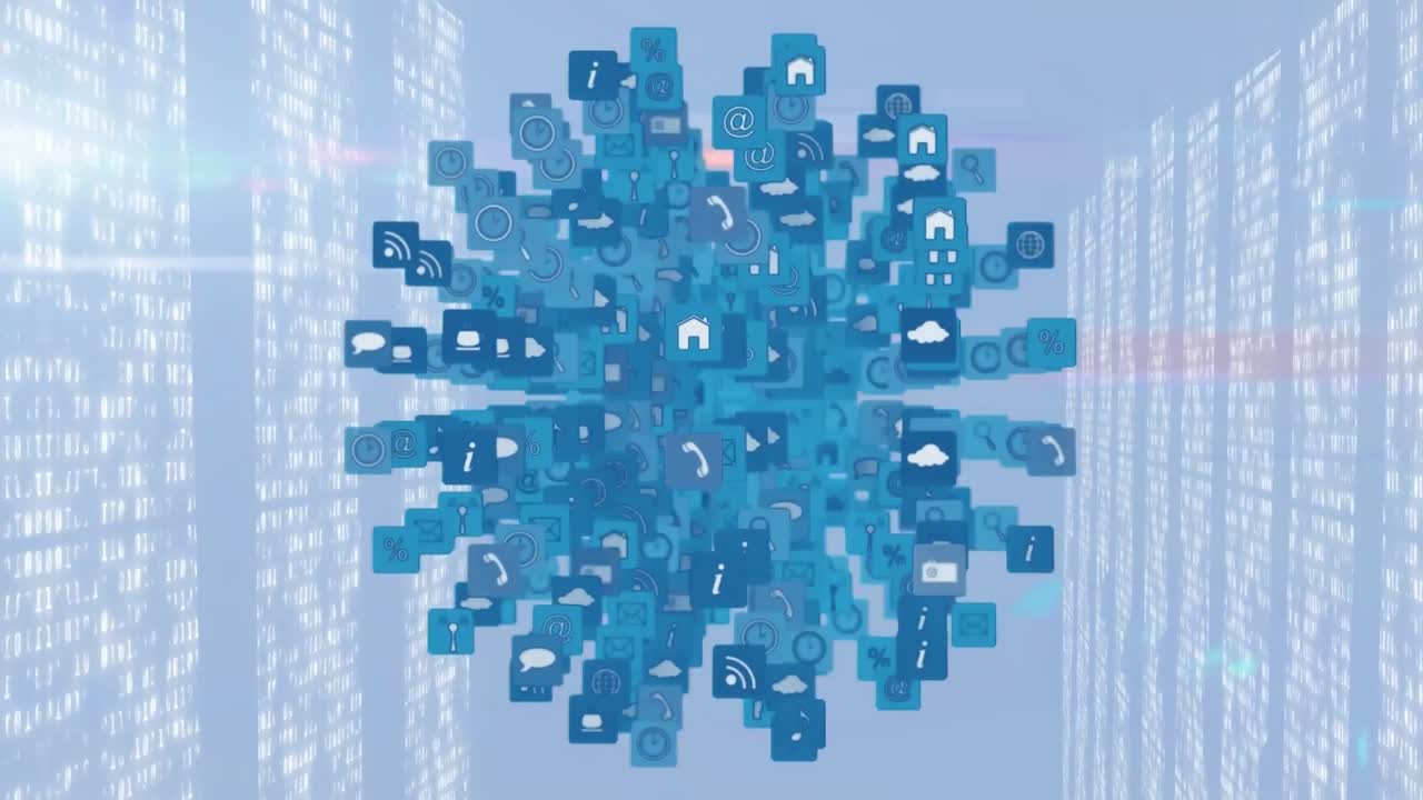 animación del procesamiento de datos e iconos sobre fondo azul