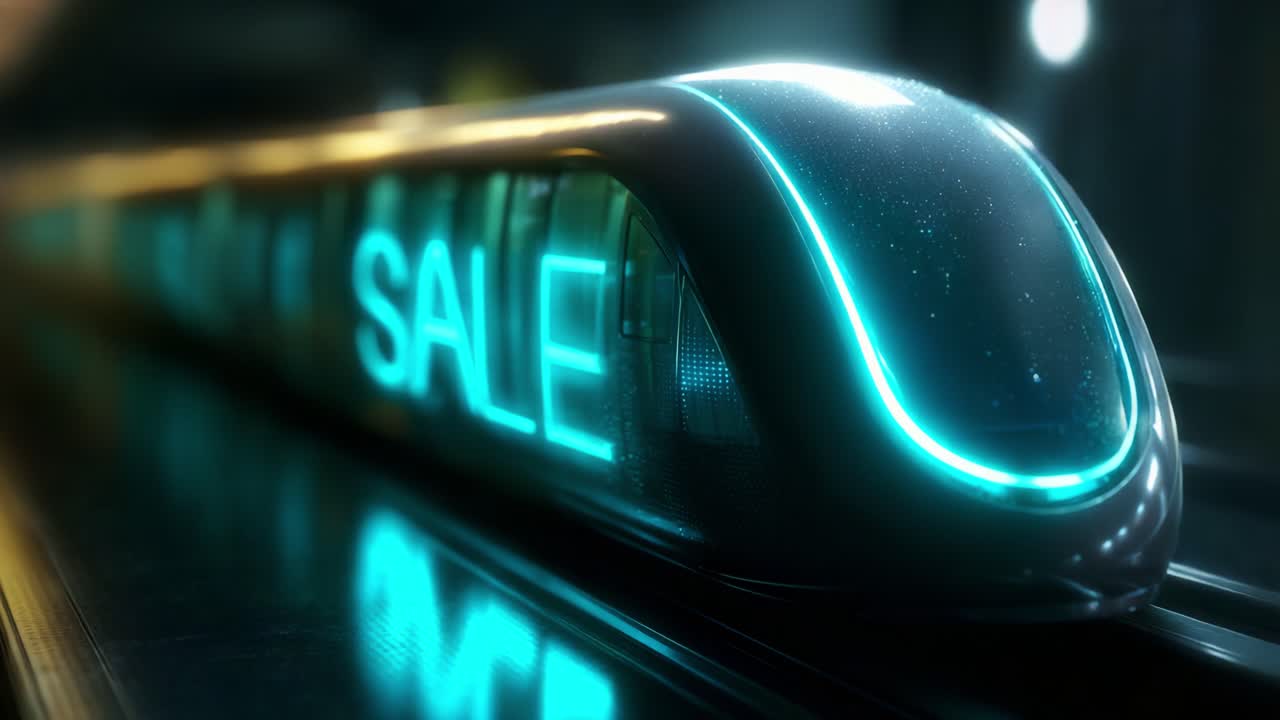 Futuristic transit vehicle with illuminated 'SALE' sign, showcasing advanced design and promotion in a modern commercial environment, highlighting trends in transportation and marketing
