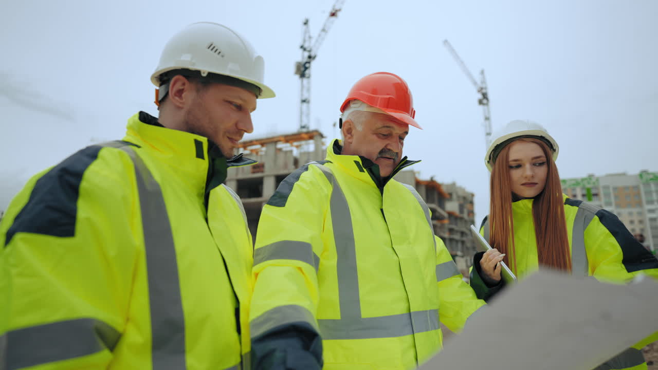 foreman and building inspectors are checking construction site plan in modern building area