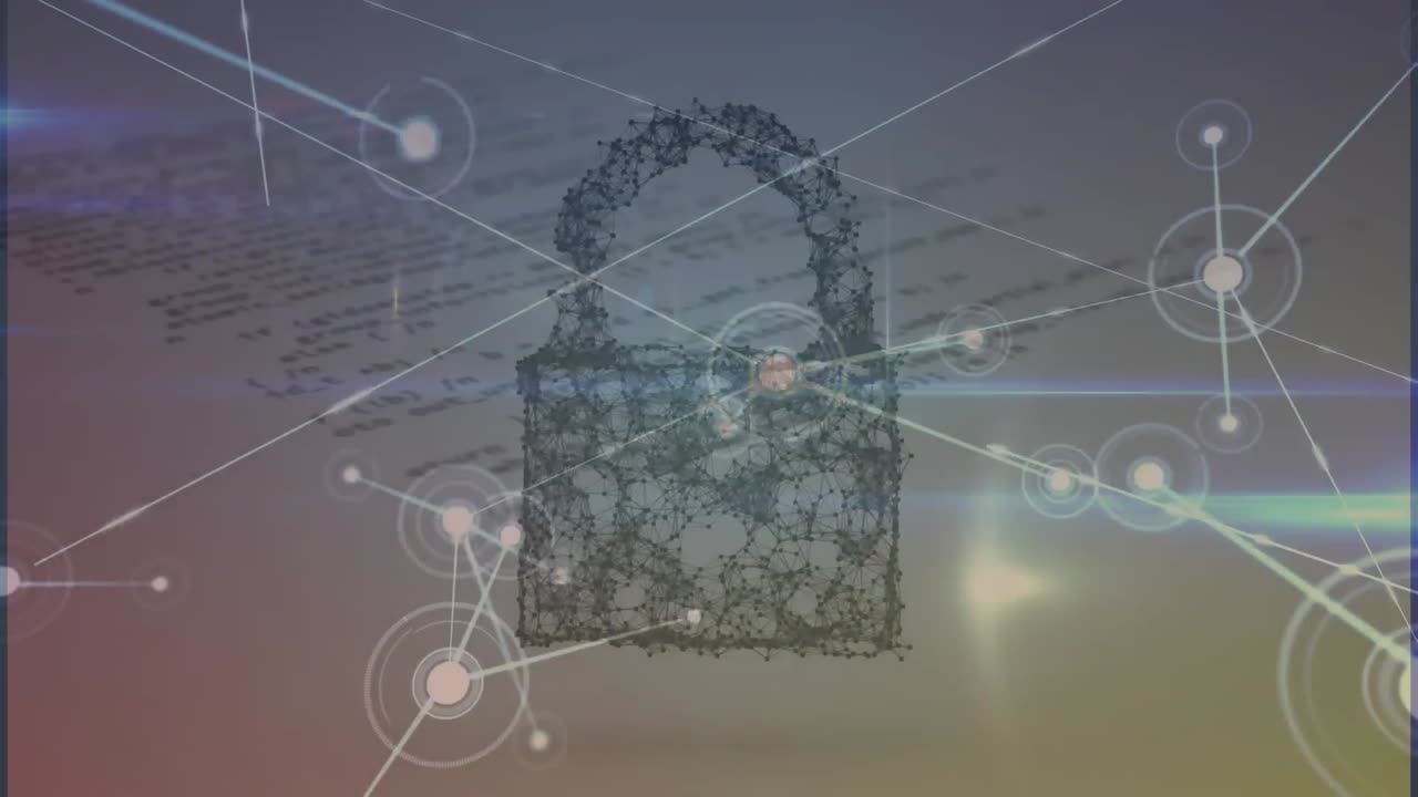 animación de la red de conexiones a través del icono de candado de seguridad y procesamiento de datos