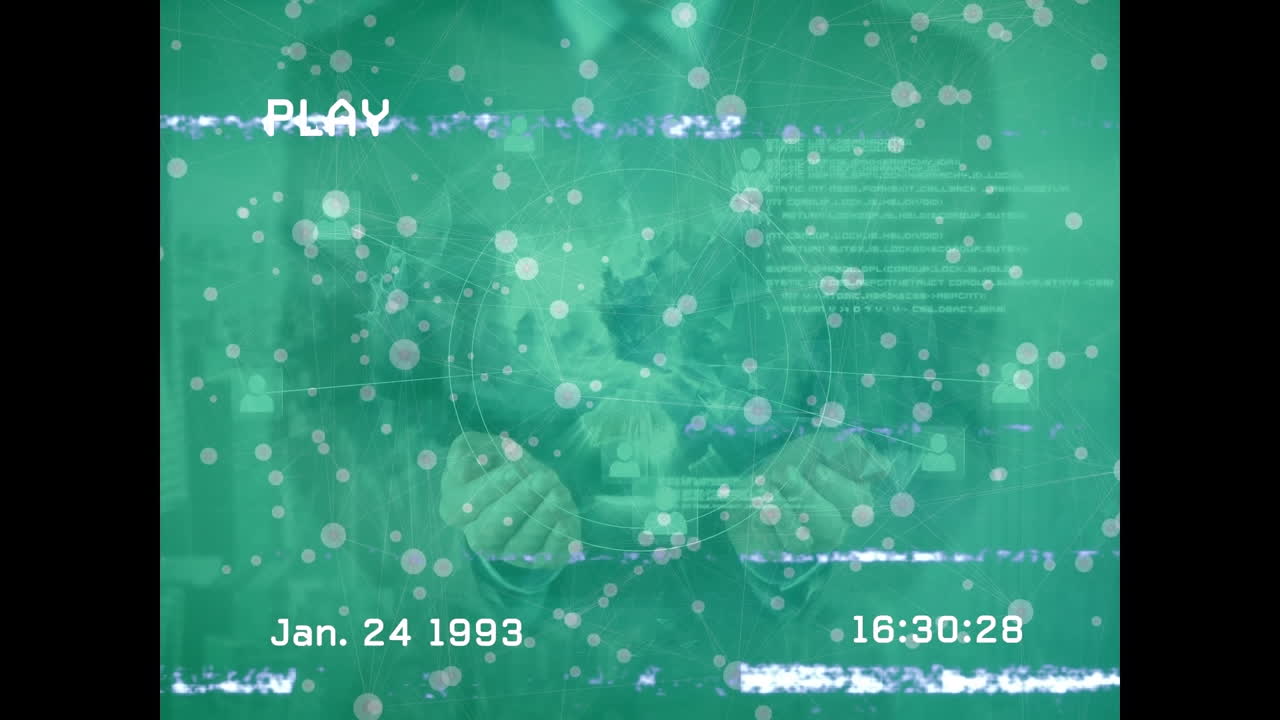 Animation of interference over data processing and caucasian businesswoman