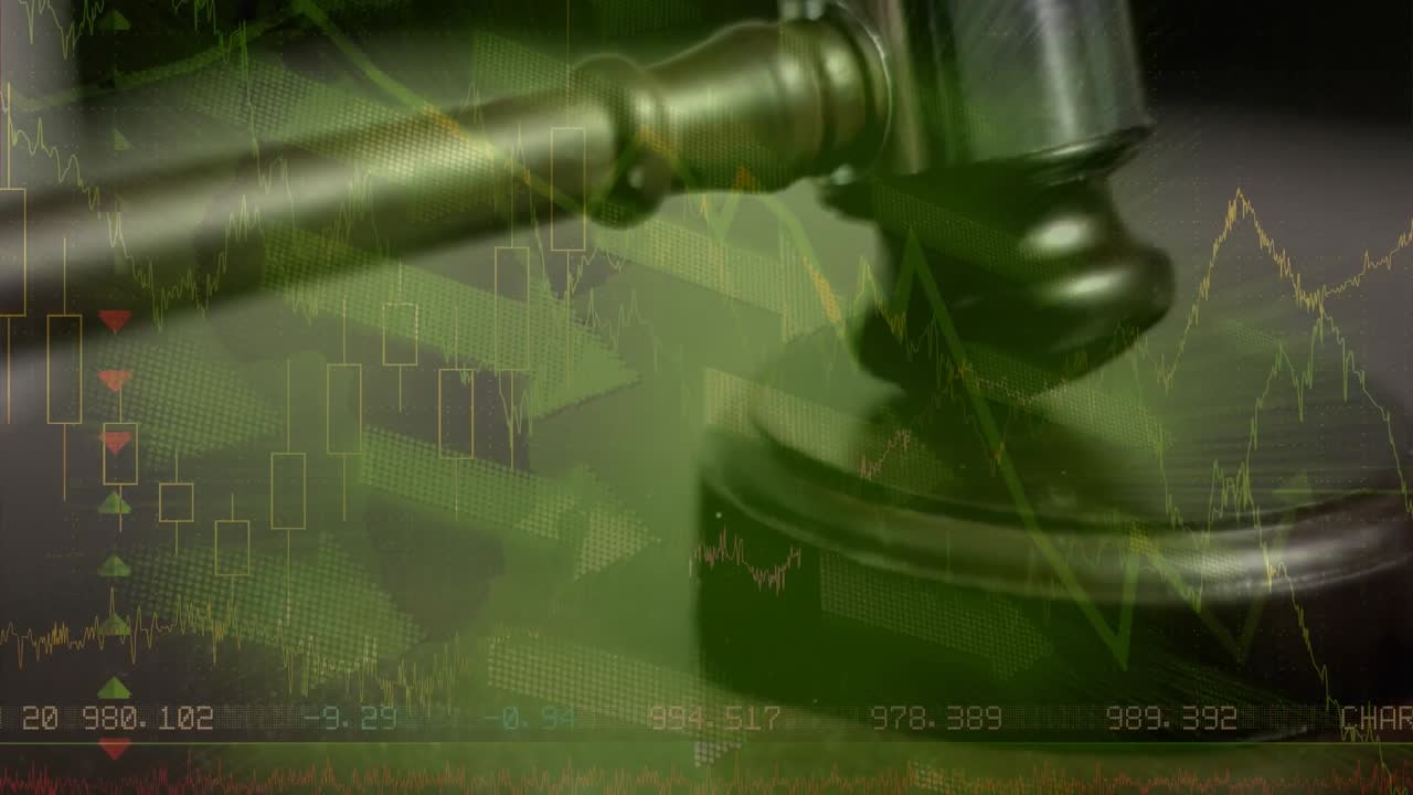 Animation of statistics and financial data processing with arrows over auctioneer's hammer