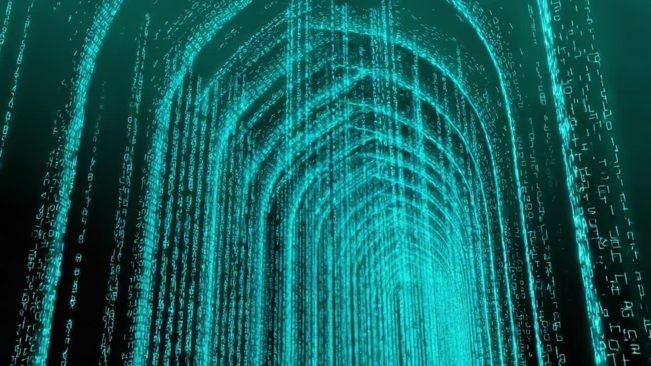 Abstract animation of a futuristic corridor made of streaming binary code, creating a mesmerizing journey through a glowing turquoise tunnel of information for a modern technology concept