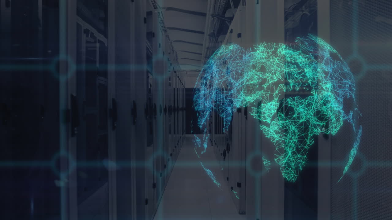 Animation of globe and data processing over computer servers