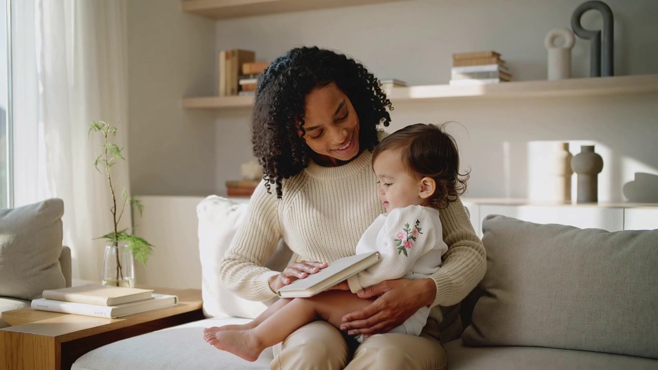 Mãe de suéter creme, segurando uma criança, alcançando à esquerda, levanta um livro de capa dura, abrindo as páginas e lendo no sofá.