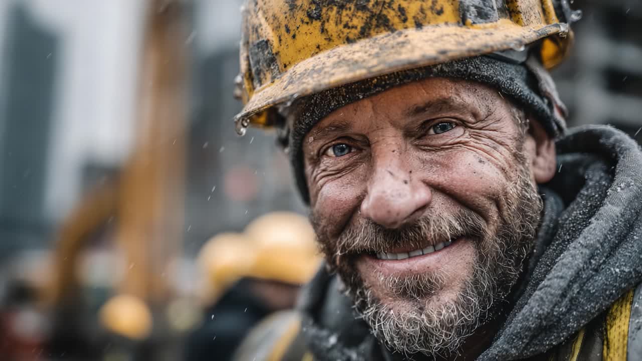 Ein belastbarer Bauarbeiter, der inmitten harter Wetterbedingungen lächelt und den Geist der Arbeit und des Engagements auf der Baustelle einfängt