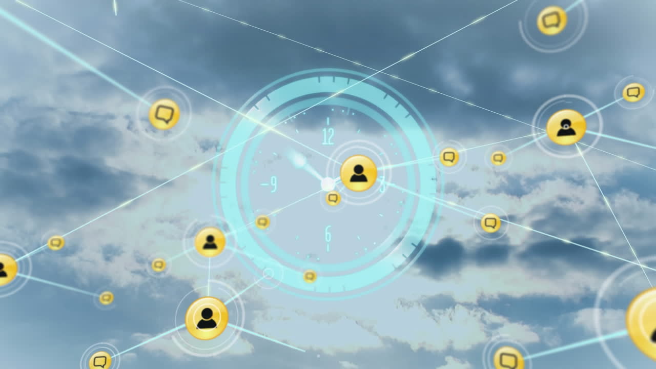 Animation of network of connections with people icons over scope scanning