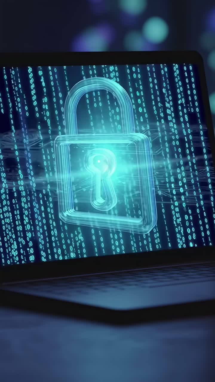 Primo piano video dello schermo di un laptop che mostra un lucchetto digitale, a simboleggiare la cybersecurity