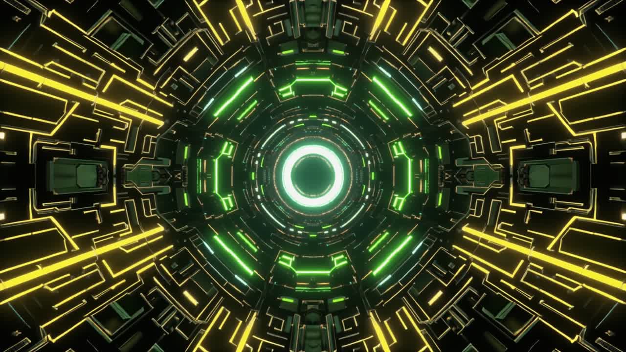 Tunnel digitale futuristico astratto con luci al neon luminose