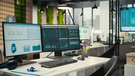 vertical video empty business office is equipped with resources and dual monitors