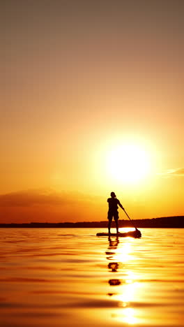 male silhouette on the backdrop of orange sky and river at sunset. man approaches camera on sup board. low angle view. vertical video.