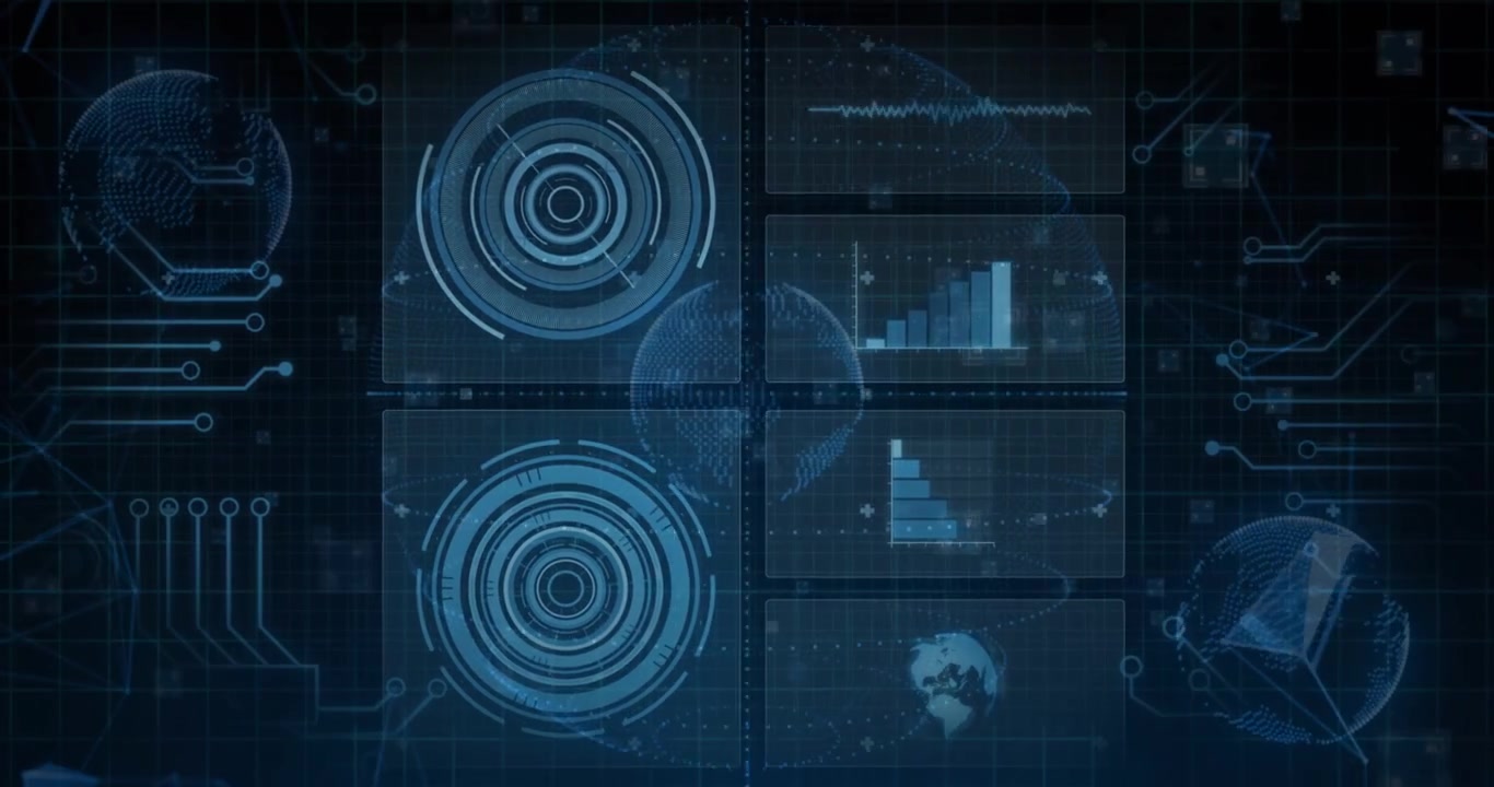 Digital HUD Interface with Rotating Globes and Data Analytics