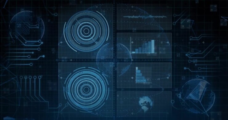 Digital HUD Interface with Rotating Globes and Data Analytics