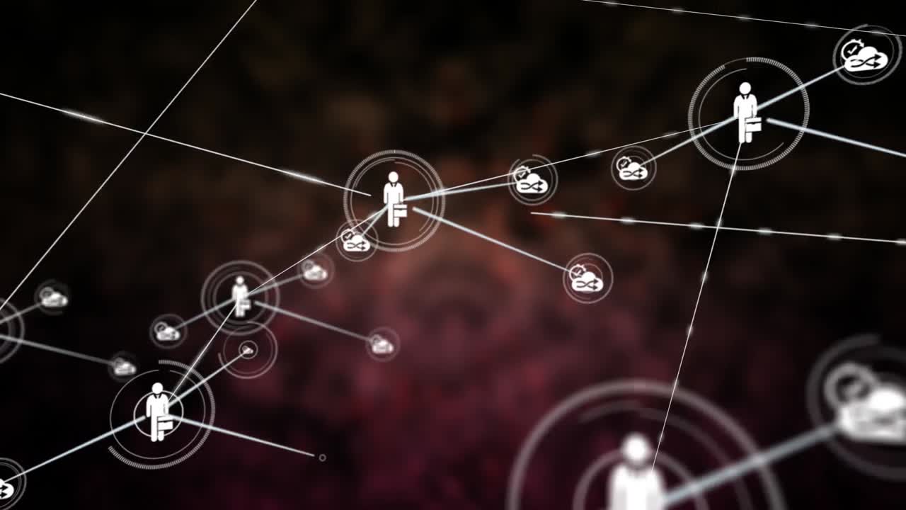 animación de una red de iconos digitales contra un fondo de textura marrón.