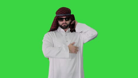 cool sheikh in sunglasses posing looking to camera on a green screen, chroma key