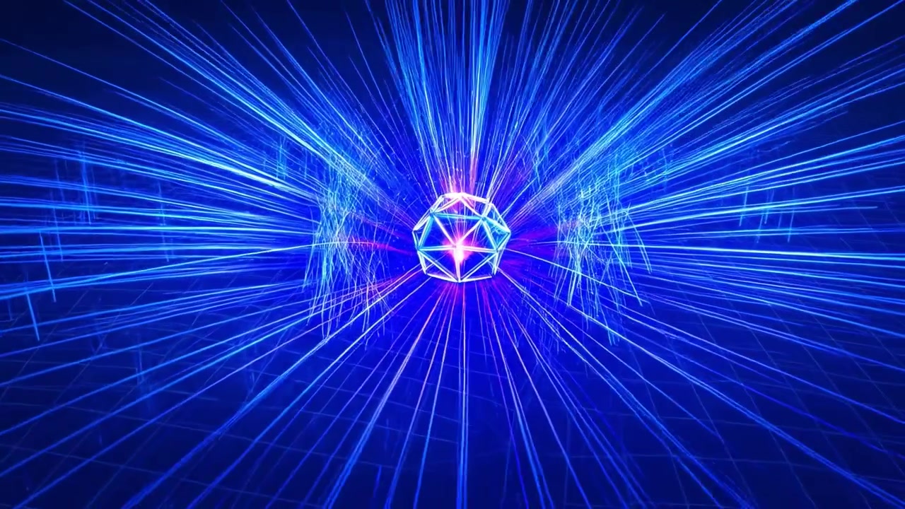 Sfera geometrica luminosa che emette raggi di luce laser blu nello spazio digitale
