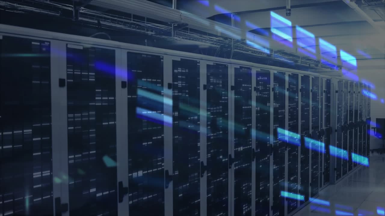 Blue light streaks starting from rack lights gliding then pulsing sideways showing data flow