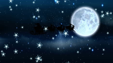 Animation-of-santa-claus-in-sleigh-with-reindeer-at-christmas,-over-snow-falling,-moon-and-sky