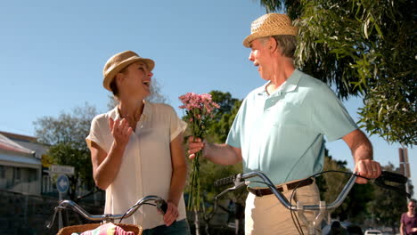 Pareja-Mayor-Yendo-A-Dar-Un-Paseo-En-Bicicleta-Por-La-Ciudad-Con-Un-Hombre-Trayendo-Flores