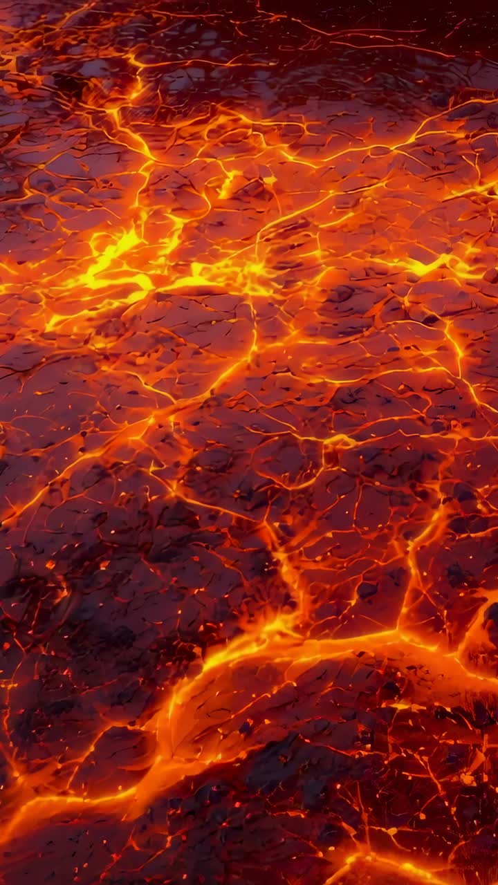 Video verticale: superficie di lava fusa pulsante che si sposta su un campo lavico, fessure incandescenti provocate dal calore