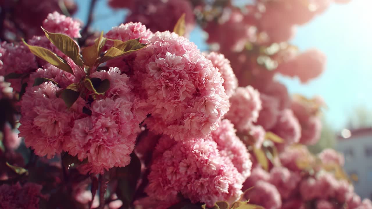 A Stunning Display of Lush Pink Blossoms Glimmering in the Sunlight, Capturing the Essence of Spring in Full Bloom with Vibrant Colors and Nature's Beauty