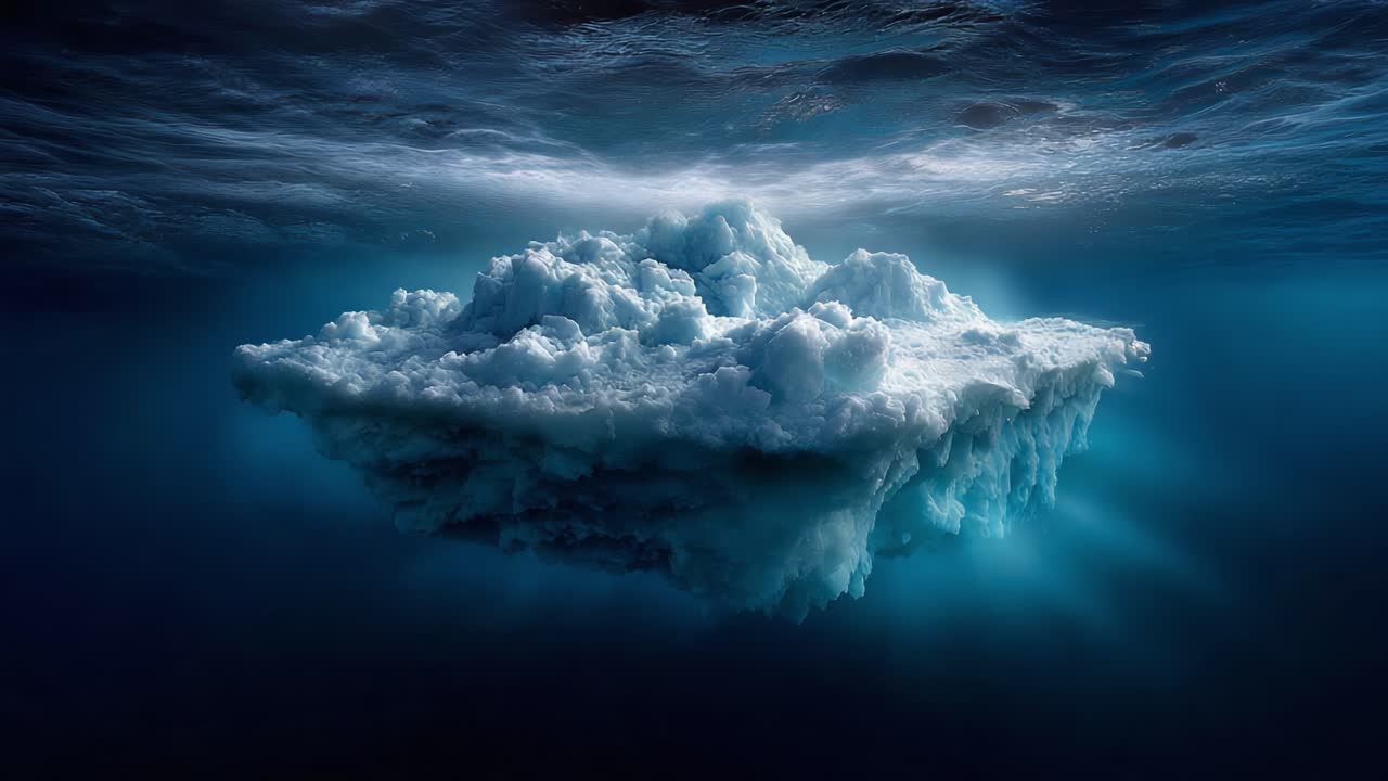 A Surreal Representation of a Floating Iceberg in a Mysterious Ocean Setting, Capturing the Intricate Details and Tranquil Beauty of Submerged Ice in Ethereal Light