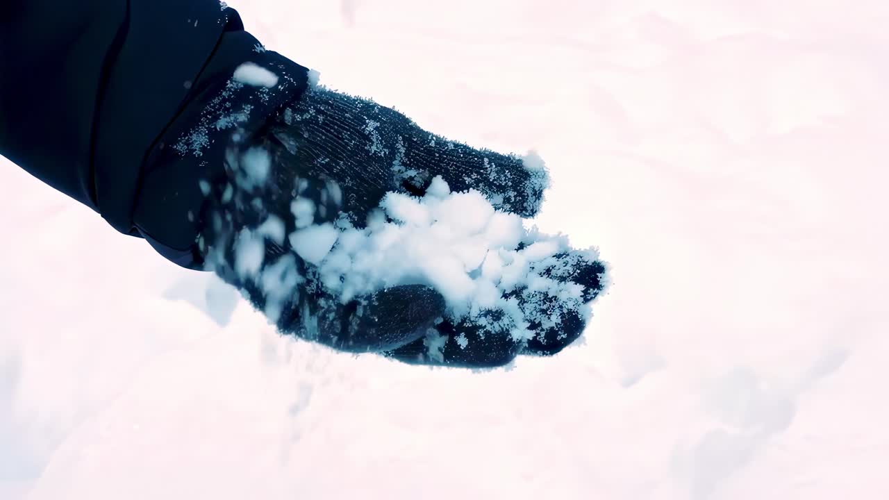 Soft winter snow falling from gloved hand, showcasing delicate white powder drifting against cold seasonal landscape