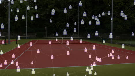 network of connections animation over tennis court with trees in background