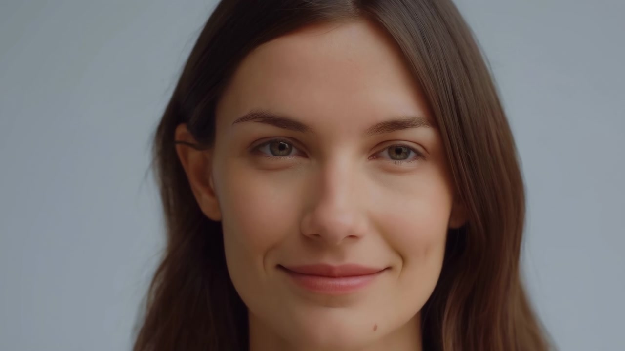 Una vista ravvicinata avanza lentamente verso il viso di una donna bruna mentre lei rimane immobile e guarda con calma nella fotocamera, con un sorriso sottile, uno sfondo grigio liscio, luce soffusa e una composizione frontale bilanciata