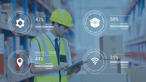 animation of data processing and media icons over caucasian male worker using tablet in warehouse