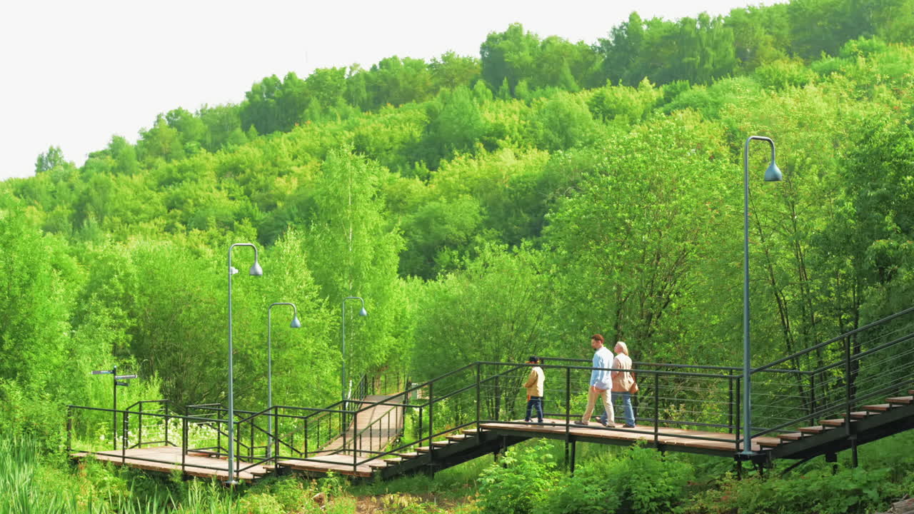 Footbridge amidst lush greenery with people