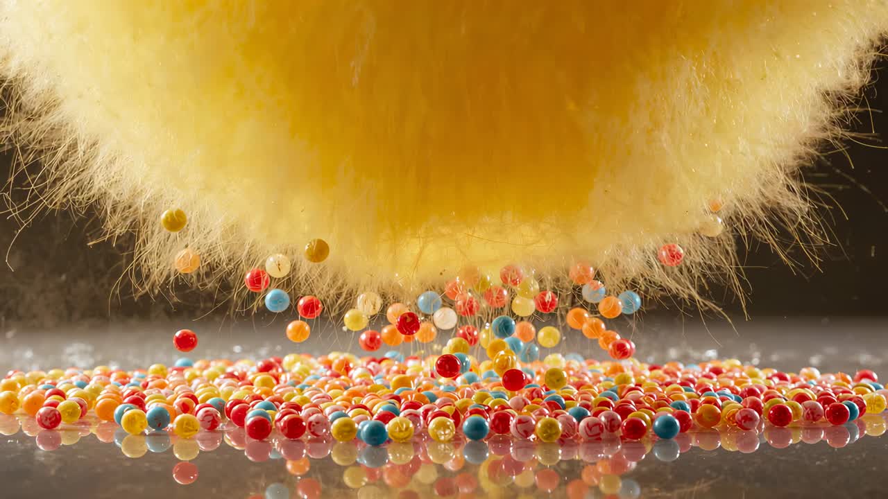 Dropping fuzzy yellow sphere releasing candies and tiny beads onto glossy table, causing bounce