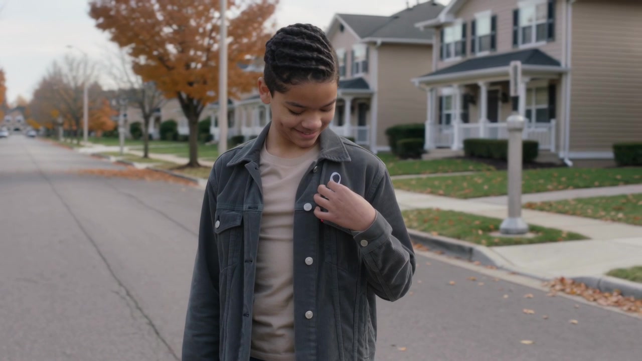Noticing ribbon loosening, teen female adjusting white ribbon on dark jacket at suburban street