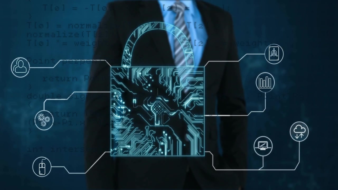 Man in suit standing behind glowing padlock connecting cybersecurity icons over blue code screen