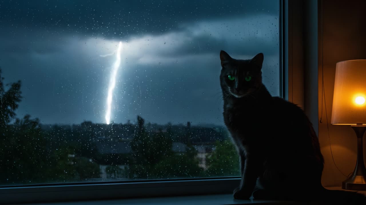 A Stormy Night: A Cat Gazes out the Window Watching Powerful Lightning Strike Across the Sky During a Thunderstorm