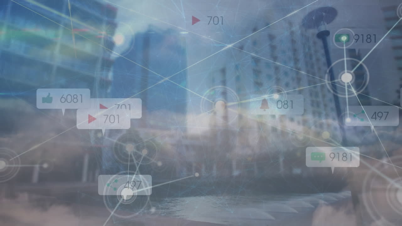 소셜 미디어 아이콘과 숫자의 애니메이션과 연결 네트워크