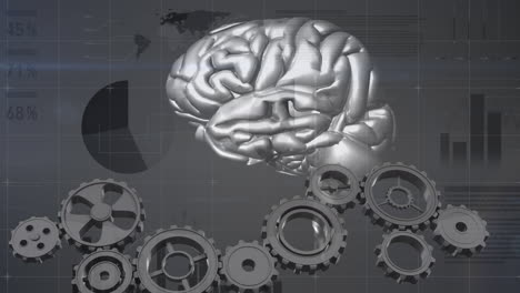 animación del cerebro girando sobre un fondo gris con gráficos y engranajes